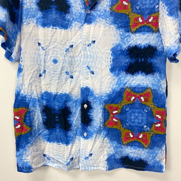 OPB Original Paperbacks Shirt Mens L Blue Button Up Geometric Rayon - Picture 2 of 7